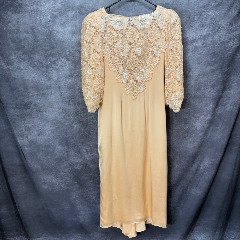 Vintage 80s Pave 100% Silk Beaded Floral Peach Formal Event Dress Size 10